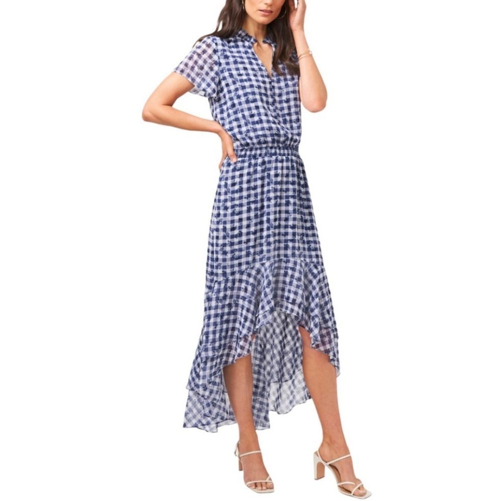 NWT 1. STATE Wildlfower Bouquet Flounce Midi Dress In Gingham Floral sz M